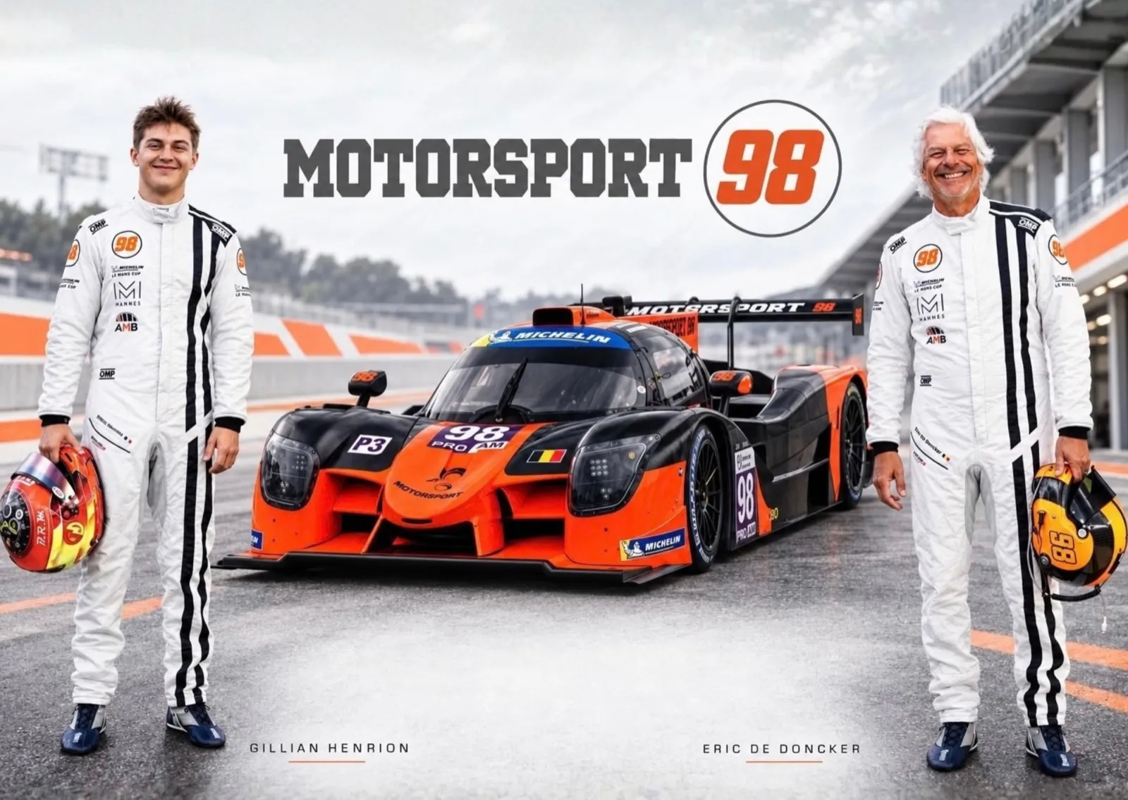 Gillian Henrion et Eric De Doncker, en combinaison blanche, de part et d’autre de la Ligier #98 de Motorsport98